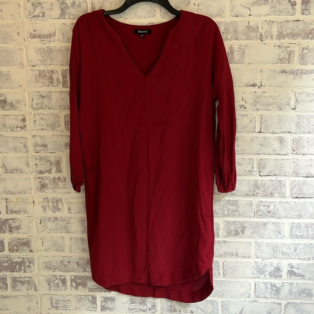 MADEWELL Dress Du Jour Tunic Dress Size XXS V-Neck Pockets L/S Red Garnet Womens - Picture 3 of 11
